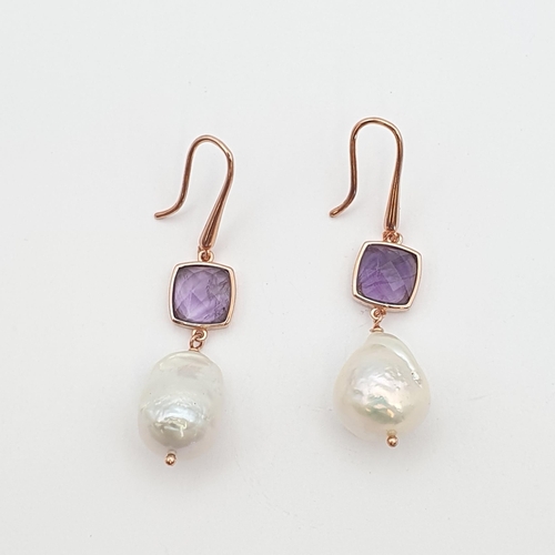 166 - A pair of Amethyst and cultured Baroque Pearl Ear Pendants each set square faceted amethyst above si... 