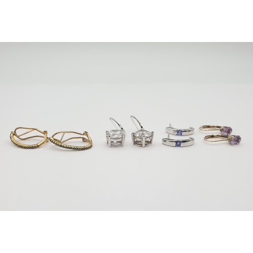 193 - Four pairs of Earrings set; green diamonds, iolite, amethyst in 9ct gold and CZ in silver