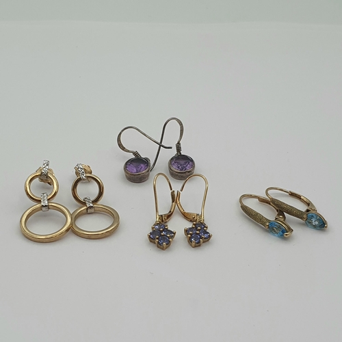 194 - Four pairs of drop Earrings set iolite, topaz etc, three pairs 9ct gold