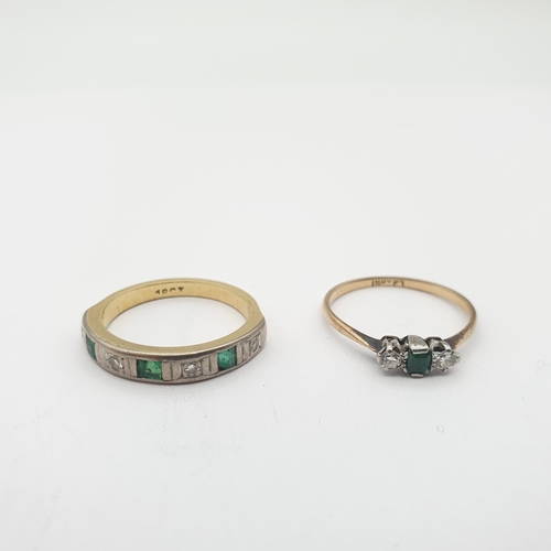 199 - An Emerald and Diamond three stone Ring claw-set step-cut emerald between two eight-cut diamonds, st... 