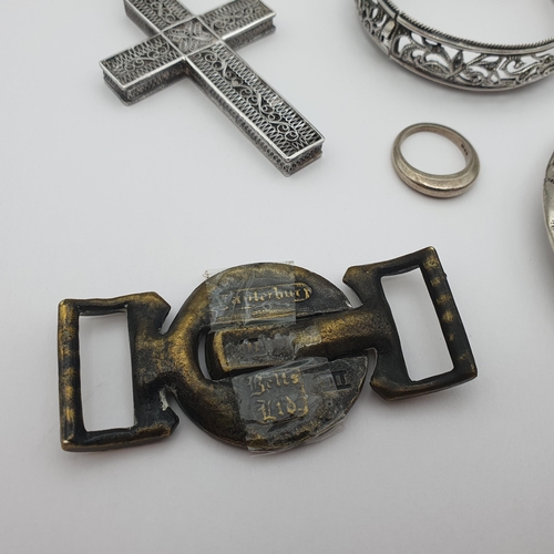 205 - A silver bombé Ring, filigree Cross and hinged Bangle, a white metal Bangle and a Grenadier Guards B... 