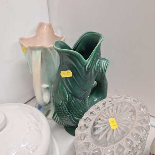 394 - A collection of Ceramics including a green glazed Fish Vase, Cheese/Butter Dome, assorted Plates, Tr... 