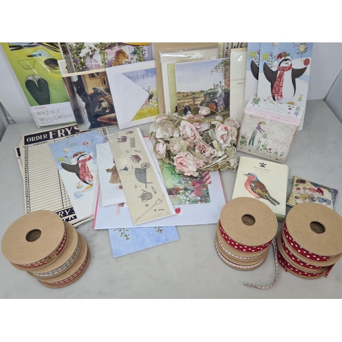 45 - Two boxes of assorted Greetings Cards, Edging Fabric, Tags, etc. (R2)