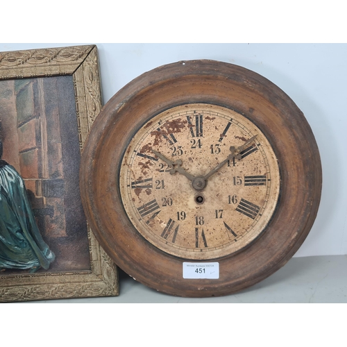 451 - An oil on card of a lady in 18th C costume in gilt frame 13in x 11in, a vintage metal Wall Clock, tw... 