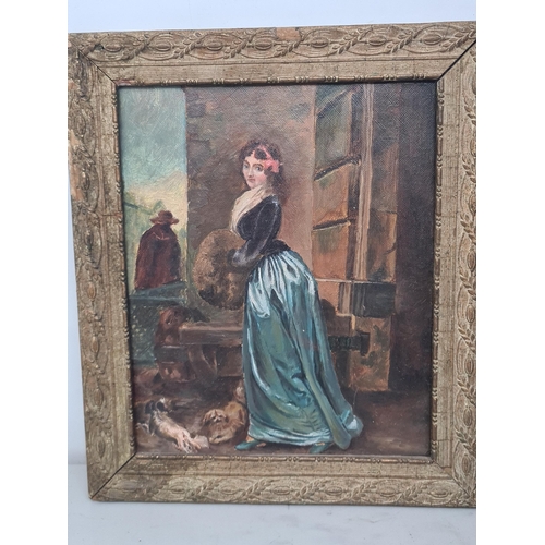 451 - An oil on card of a lady in 18th C costume in gilt frame 13in x 11in, a vintage metal Wall Clock, tw... 