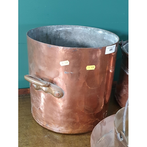 456 - An antique copper Cooking Pot, an antique Saucepan, a copper Coal Bin and a Jardinière (R2)