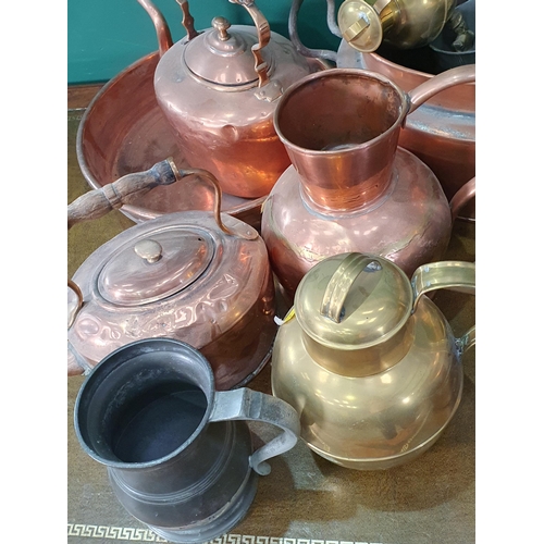 458 - Two copper Jam Pans, a Cooking Pan, two copper Kettles, pewter Tankard, an Art Noveau pewter Bucket,... 