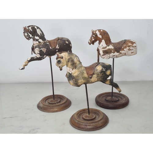 495 - Three folk art carved and painted miniature Merry-go-Round Horses 6in L A/F and two Merry-go-Round S... 