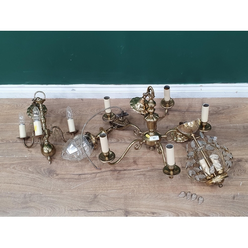 551 - A brass five branch Electrolier, a three branch Electrolier and two other Ceiling Lights (R6)