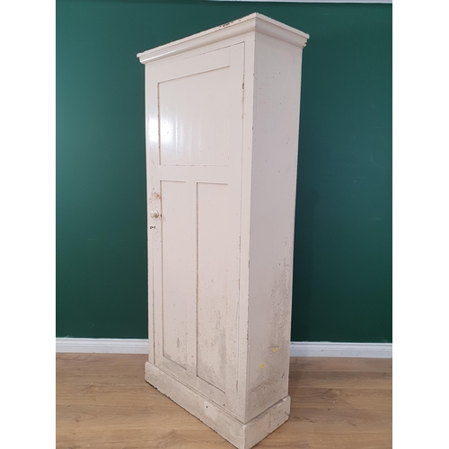 554 - A white painted pine Cupboard with single panel door enclosing four fitted shelves, 6ft 1