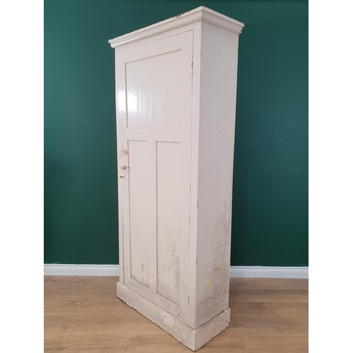 554 - A white painted pine Cupboard with single panel door enclosing four fitted shelves, 6ft 1