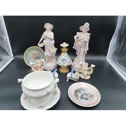 59 - A pair of Continental bisque Figures with pink and gilt detail, 12in, pair of small Posy Holders, pa... 