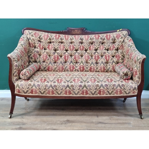 599 - An Edwardian mahogany and inlaid Settee with gold floral upholstery 4ft 8in W x 2ft 10in H (R6)