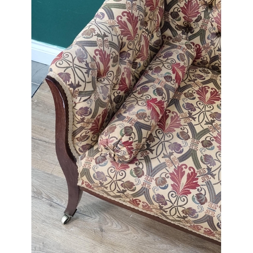 An Edwardian mahogany and inlaid Settee with gold floral upholstery 4ft ...