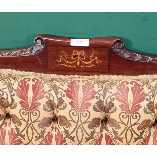 An Edwardian mahogany and inlaid Settee with gold floral upholstery 4ft ...