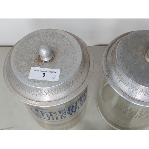 9 - Two Meredith & Drew Biscuits glass Biscuit Barrels with metal lids 9 1/2in H and three empty 'Will's... 