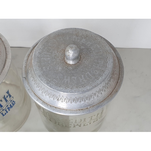 9 - Two Meredith & Drew Biscuits glass Biscuit Barrels with metal lids 9 1/2in H and three empty 'Will's... 