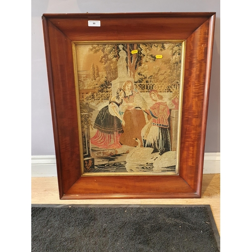 90 - A framed Tapestry Picture depicting figures and swans in a classical garden scene, 23in x 17in, (R6)