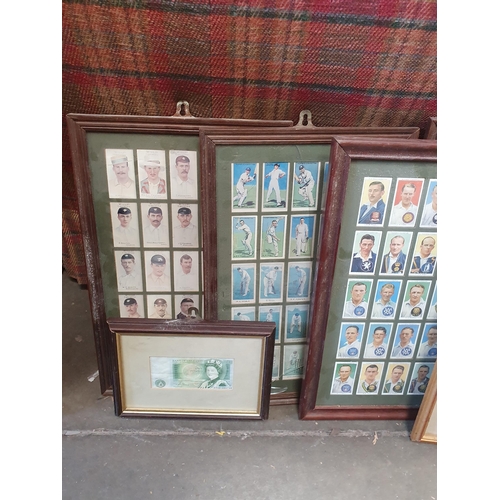 91 - A quantity of framed Cigarette Cards, Cricketers etc, a framed £1 Note, a textile Picture of an elep... 
