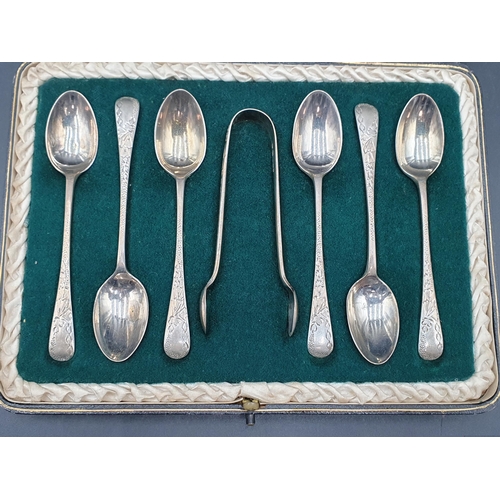 107 - Six George  silver Teaspoons and Sugar Tongs with engraved stems, Sheffield 1911, in case