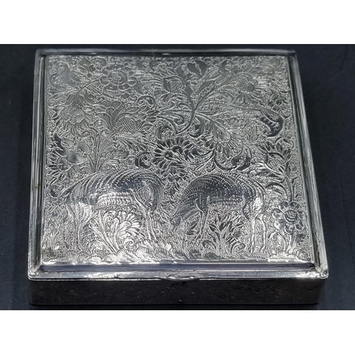 128 - An Indian silver square Cigarette Box finely engraved deer amongst flowers and foliage, 4in