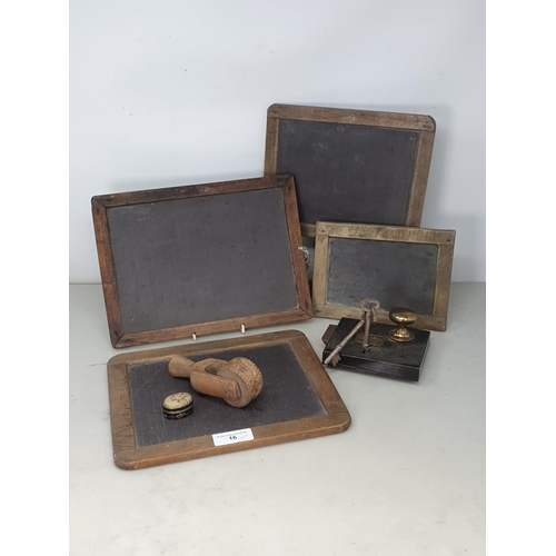 16 - Four slate Writing Tablets, a brass Lock with two Keys, a treen Pastry Decorating Roll and an oval e... 
