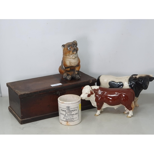17 - An antique mahogany Candle Box 13 1/2in x 5in, two ceramic Figures of Cattle, a pottery Cat Piggy Ba... 