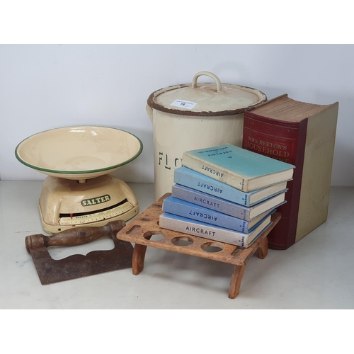 18 - An enamel Flour Bin, a set of Salter Scales, Herb Cutter, wooden Egg Stand, Mrs Beeton's Cookery Boo... 