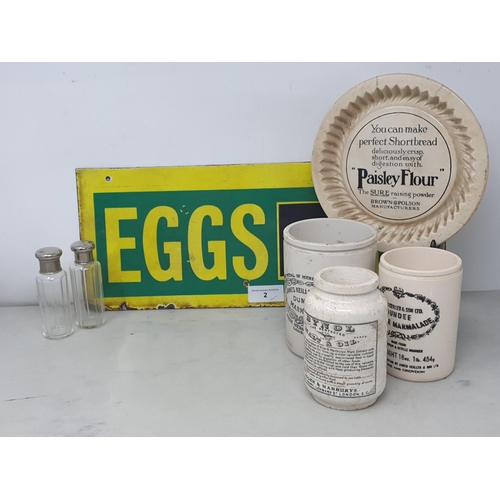 2 - A vintage enamel 'Eggs' Sign 18in x 7in, a Paisley Flour Shortbread Mould, two James Keller & Sons M... 