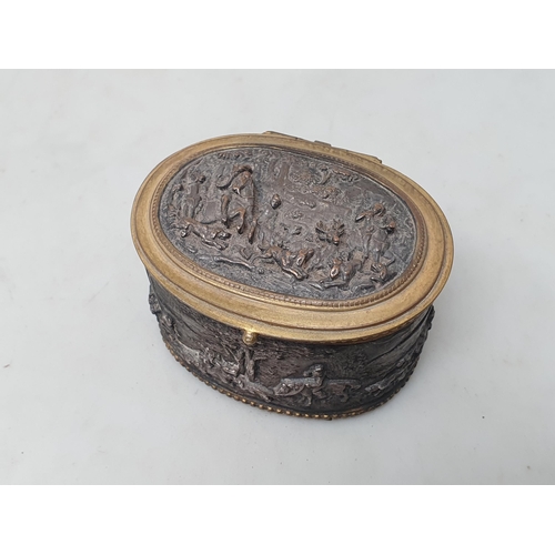 20 - An antique French oval brass Box with relief hunting scene stamped to underside 'A.B. Paris' 3in, an... 