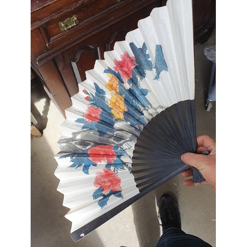 218 - A selection of various Fans, some handpainted, one with black lace, etc, and a box of small playing ... 