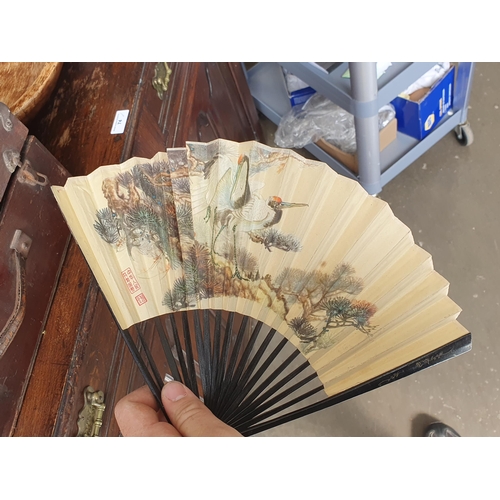 218 - A selection of various Fans, some handpainted, one with black lace, etc, and a box of small playing ... 