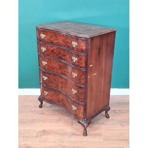 280 - A reproduction walnut serpentine fronted Chest of five long drawers on carved cabriole legs, 2ft 6in... 