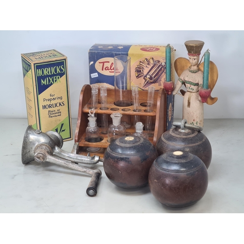 29 - A set of Chemistry Test Tubes in wooden Stand, a Tala Icing Set, a Horlicks Shilling Mixer, an paint... 