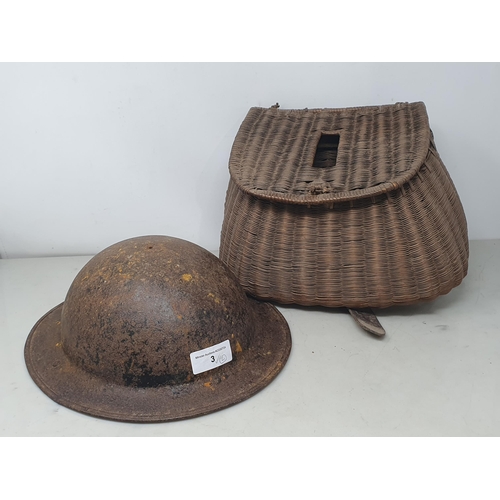 3 - An old wicker Fishing Creel and a Brodie Tin Helmet
