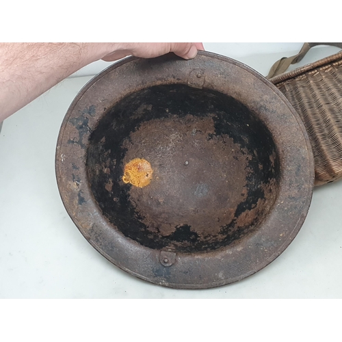 3 - An old wicker Fishing Creel and a Brodie Tin Helmet