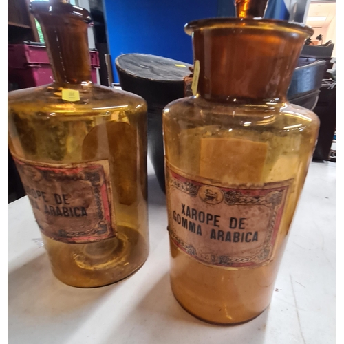 301 - Two coloured glass Chemist Jars with later labels, and a Henry Heath Top Hat in Box, A/F. (R5).