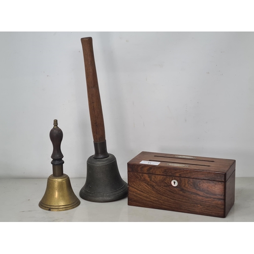 31 - A 19th Century rosewood and mother of pearl inlaid Letter Box 9 1/4in x 4 1/4in and two antique Hand... 