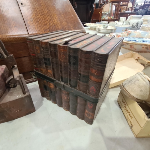 320 - An oak Stationery Box with hinged sloping front, a Huntley & Palmers Biscuit Tin in the form of Book... 