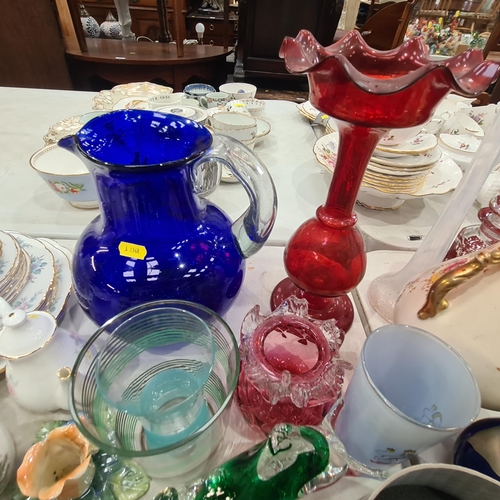 325 - A selection of teaware, a blue glass Jug, a red glass Vase with flared rim, a blue glass Plate and o... 