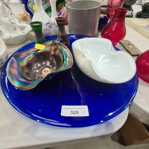 325 - A selection of teaware, a blue glass Jug, a red glass Vase with flared rim, a blue glass Plate and o... 