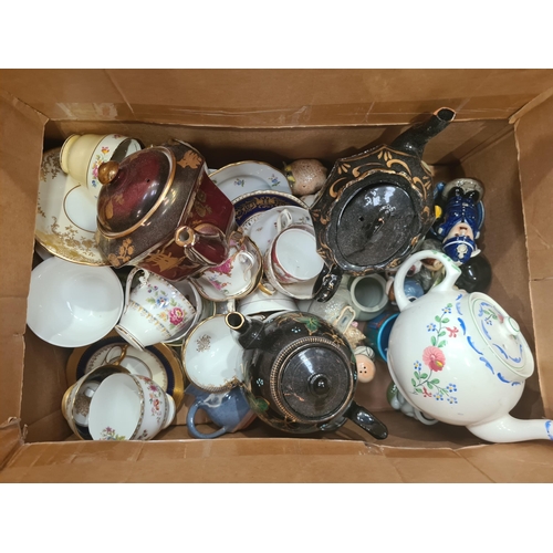 344 - Two boxes of assorted ceramics including Teapots, Ornaments, part Tea Services, A/F, etc, (R5)