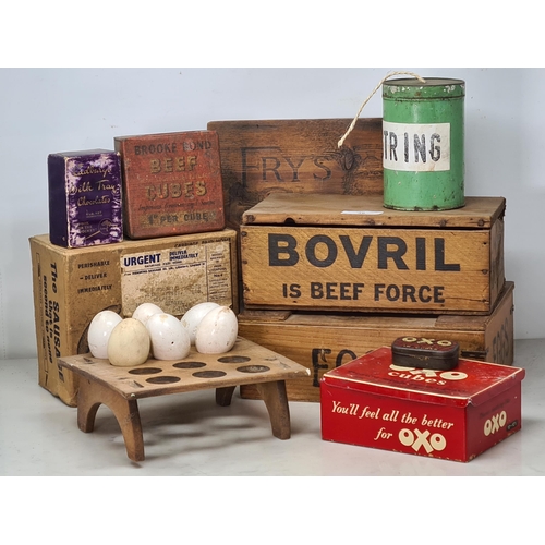 36 - A vintage wooden Egg Box, a wooden Egg Tray with 5x plaster and another dummy Eggs, a 'Bovril' woode... 