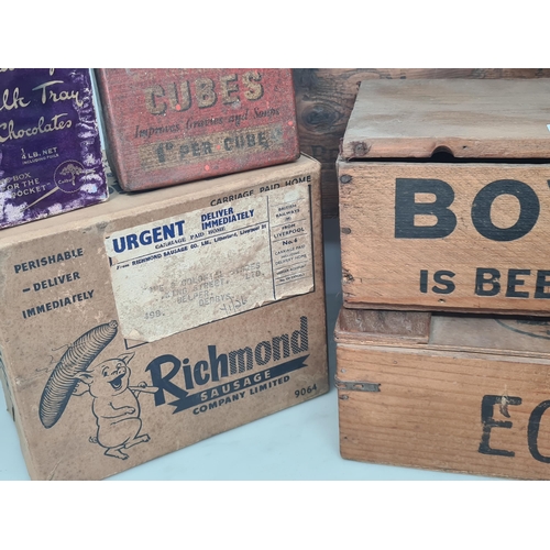 36 - A vintage wooden Egg Box, a wooden Egg Tray with 5x plaster and another dummy Eggs, a 'Bovril' woode... 