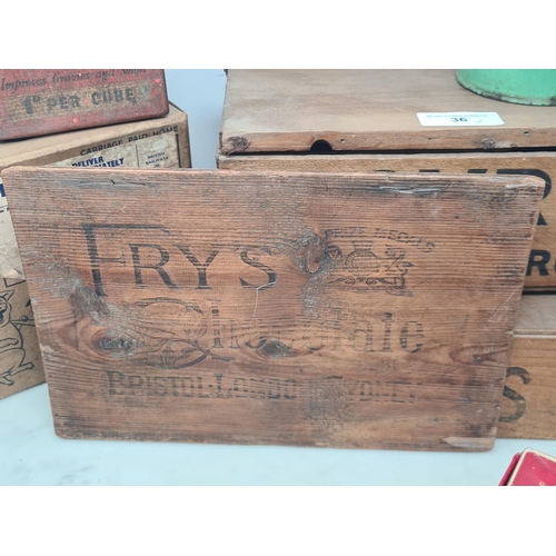 36 - A vintage wooden Egg Box, a wooden Egg Tray with 5x plaster and another dummy Eggs, a 'Bovril' woode... 