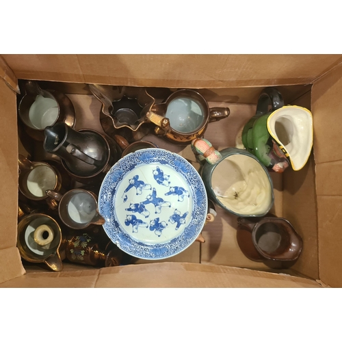 368 - Three boxes of assorted Ceramics including, copper lustre Jugs, Doulton Character Jugs, a Chinese bl... 