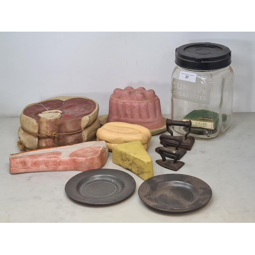 37 - Five Electrolux rubber Butcher's Display Meats and Cheeses, a 'Sunripe Cigarettes' glass Jar and emp... 