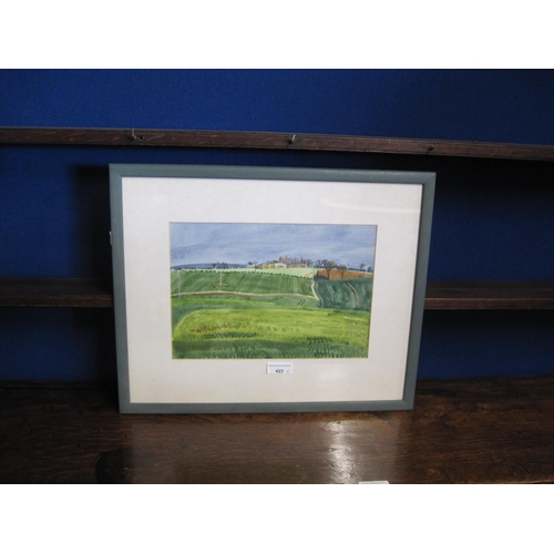 423 - ROSAMUND MOSS FULLER. Stacked Round Bales, signed and dated verso 1987, watercolour, 9 1/2 x 13 1/2 ... 