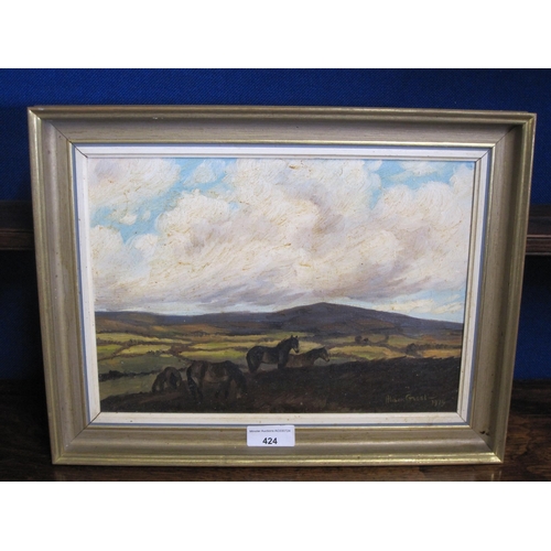 424 - ALISON GUEST. Exmoor Ponies, Winsford Hill, towards Dunkery, signed and dated 1974, oil on canvas, 1... 