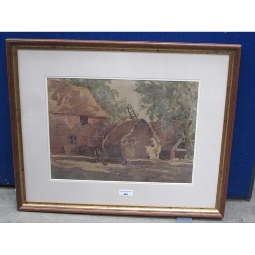 446 - WALTER BAYES. A Farmyard scene with a figure feeding Chickens, signed, watercolour, 14 x 18 in